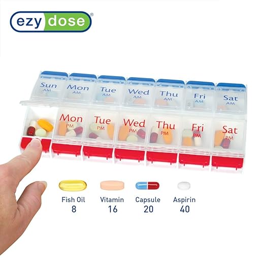 EZY DOSE Push Button (7-Day) Pill Case, Medicine Planner, Daily Vitamin Organizer, 2 Times a Day AM/PM, Large Compartments, Arthritis Friendly, Easy to Use, Clear Lids, Red/Blue, BPA Free