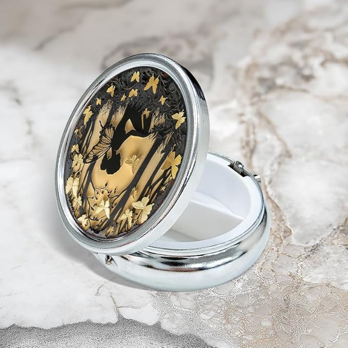 Portable Round 3 Compartment Metal Pill Box Enchanted Fairy & Butterflies Print Ideal for Office Kitchen Travel and Daily Medication Management