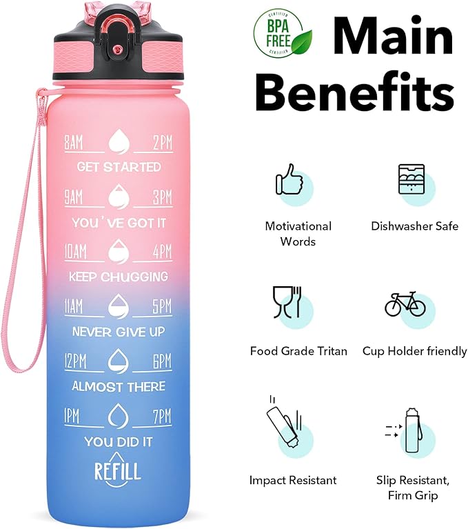 1 litre Motivational Fitness Sport Water Bottle with Straw & Time Maker, Leak-proof, BPA-free, Tritan, Toxin Free Plastic Drink Bottle Design for Girls, Boy, Cycling, School & Office