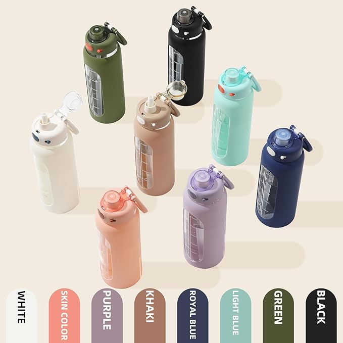 SIEROZUR 32 oz Glass Water Bottle with Straw and Handle 1 Liter Glass Water Bottle with Silicone Sleeve and Time Marker Sports Water Jug Wide Mouth for Travel Gym