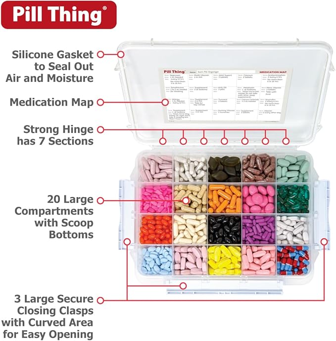 Pill Thing Large Monthly Pill Organizer with Built-in Handle - Medicine Organizer Pill Case with Deep Compartments and Airtight lid - Travel Pill Box