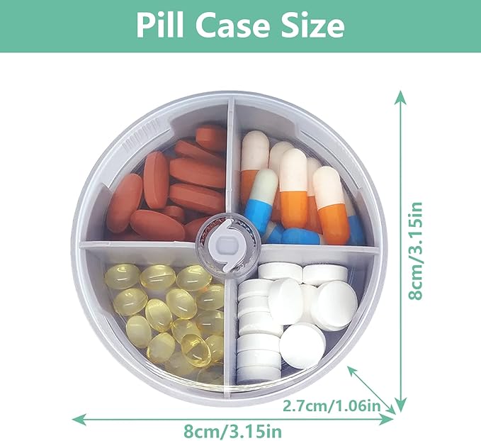 2PCS Pill Organizer 2 Packs Portable Travel Pill Box Round Rotatable Pill Case 4 Large Compartments Medicine Organizer for Vitamin Fish Oil Pills Supplements (Grey + White)