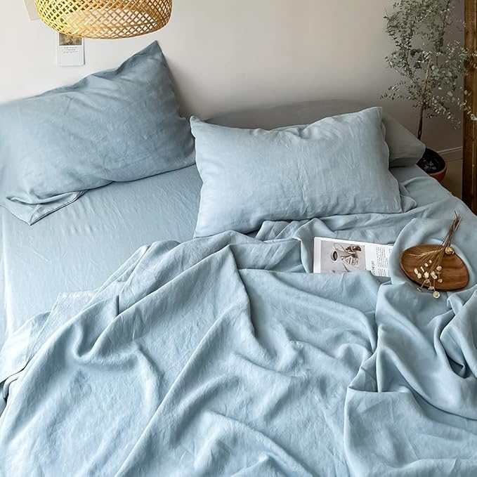Simple&Opulence Washed Linen Bed Sheet Set Basic Style 4 Pieces (1 Flat Sheet & 1 Fitted Sheet & 2 Pillowcases) 100% Natural French Flax Soft Breathable Farmhouse Bedding (Queen, Duaty Blue)