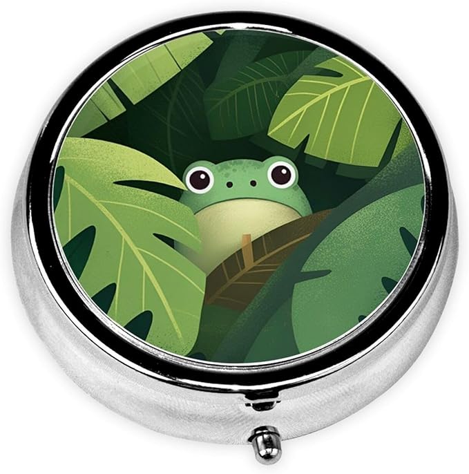 Metal Pill Organizer - 3-Compartment Mini Round Pill Case for Pocket & Purse, Portable Vitamin Holder, Easy-Open Design for Travel - Jungle Frog
