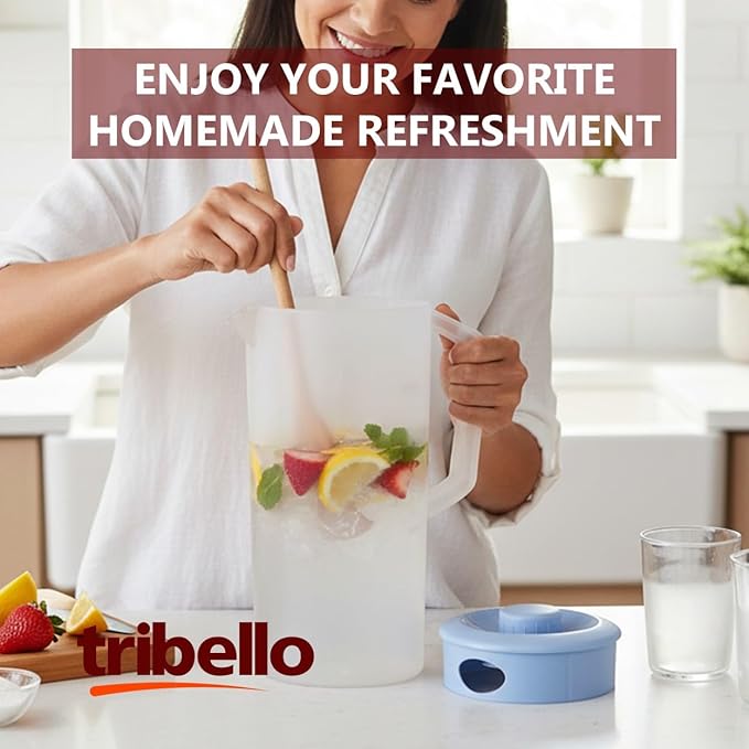 Tribello Pitcher with Lid Half Gallon, Clear Round Plastic Water Pitcher with 3-Way Lid, Ideal for Lemonade, Ice Tea, and Drinks, Freezer/Dishwasher Safe, and BPA Free (0.5 Gallon/2 Liters)