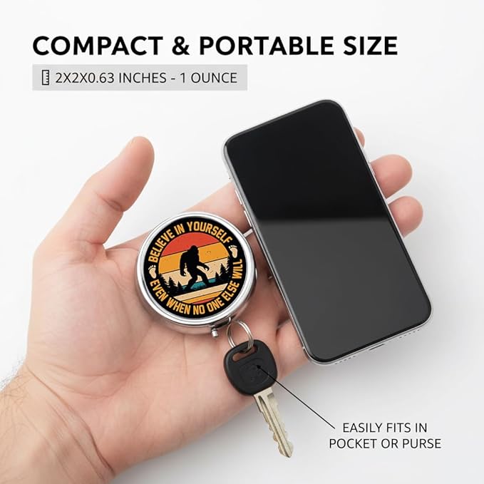 Bigfoot Pill Box 3 Compartment Small Pill Case,Portable for Pocket or Purse Pill Organizer Pill Container Holder with Mirror to Hold Vitamins, Medication, Fish Oil and Supplements