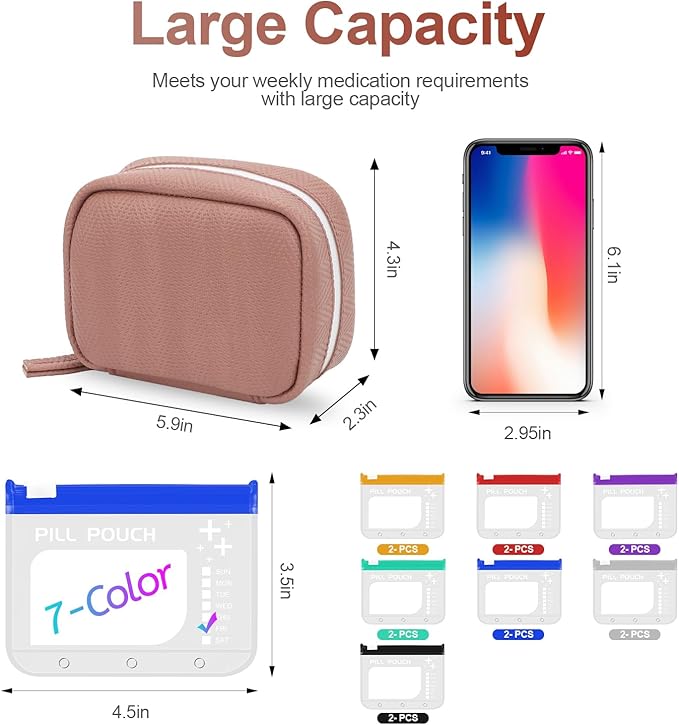 A8 Waterproof Pill Organizer Set, Twice-Daily Large Pill Organizer for Seven Days, Pill Storage with 14 Color-Coded Pouches, Reusable Travel Medicine Organizer