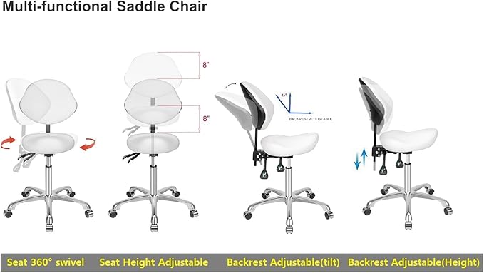 Kaleurrier Ergonomic Rolling Swivel Saddle Stool with Wheels - Hydraulic Lifting Height Adjustable Saddle Chair for Clinic Hair Salon Lab Kitchen Office Drafting Chairs (White, with Back)