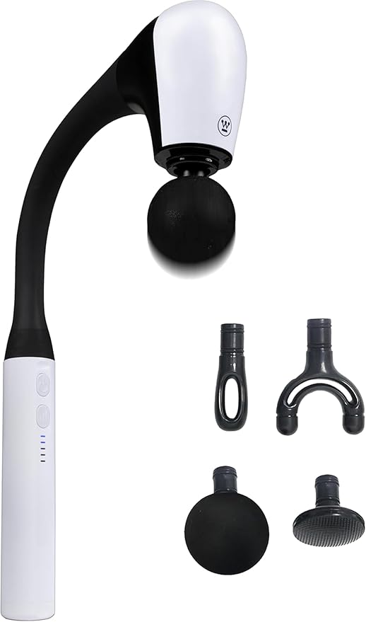 Westinghouse Long Handle Curved Massage Gun for Neck & Shoulder Pain, Rechargeable, Up to 5 Hours of Battery, 4 Head Attachments, 5 Percussion Massage Speed Levels, Deep Tissue Self Massager
