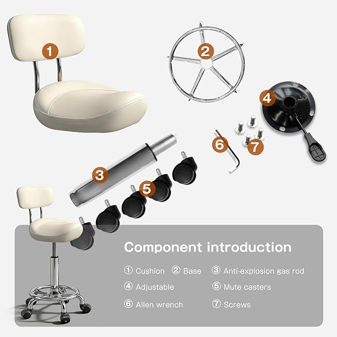 Saddle Stool with Ring Pedal and Back, Adjustable Hydraulic Rolling Chair with Wheels for Medical, Massage, Salon, Spa, Kitchen, and Drafting Use