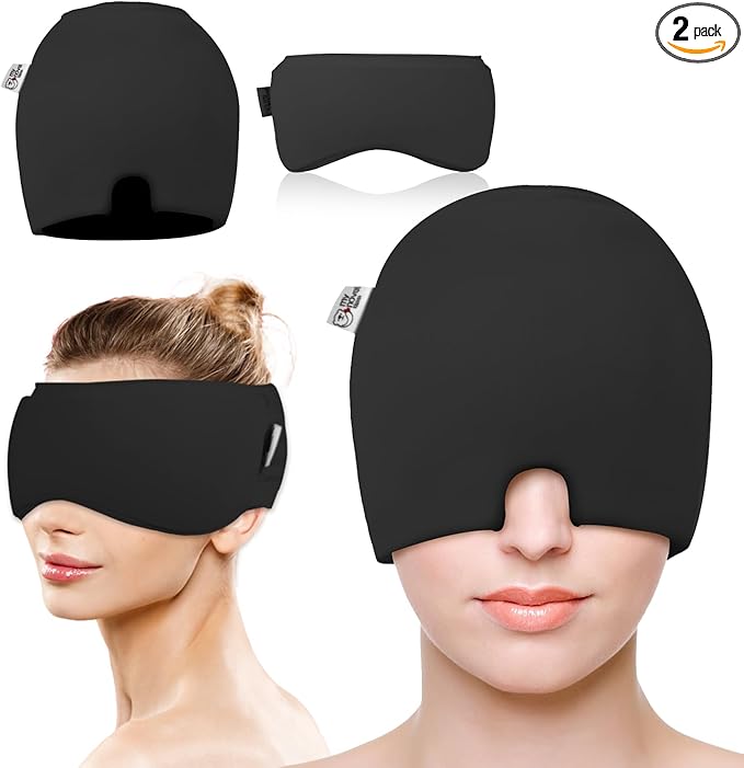 Migraine Relief Cap, Headache Relief Cap 2PCS with Gel Eye Mask, Hot Cold Therapy Ice Cap, Cooing for Head Sinus, Puffy Eyes, Tension and Stress Relief Gift Set for Men Women