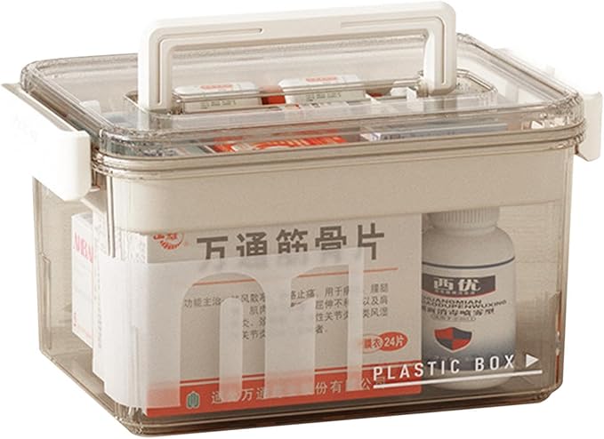 Medicine Storage Box with Handles, Clear Plastic Medicine Storage Organizer & First Aid Box, Multipurpose Medical Supply Organizer with Removable Tray for Home, Office & Travel(Clear)