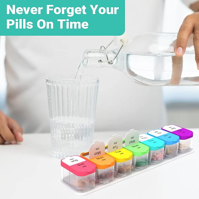 Extra Large Pill Organizer 7 Day, Smart Weekly Pill Organizer 2 Times a Day, AM PM Pill Box with Free Smartphone Reminder App, XL Pill Case Pill Container Vitamin Holder Medicine Organizer