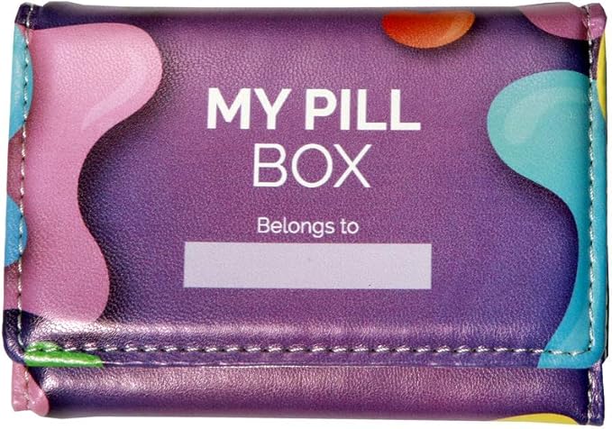 Weekly Pill Box Organizer, 8 Compartments, Portable Travel Pill Case, Folding Cover to Hold Medication, Supplements - Kids/Teen Paint Splash Purple