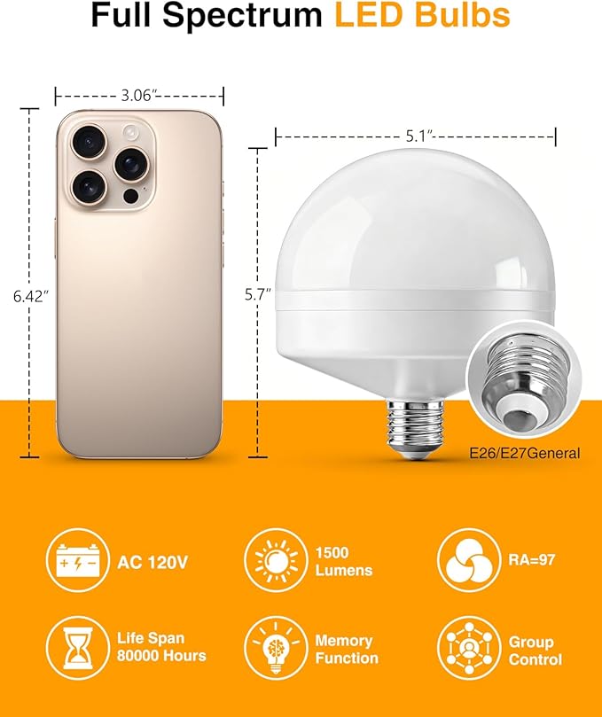VOLISUN Full Spectrum Light Bulb 10000 Lux, 4000K-6000K Natural Sunlight Bulbs, Adjustable Color/Brightness/Timer, 1500LM, 21W Natural Light Bulbs E26/E27 for Floor Lamp