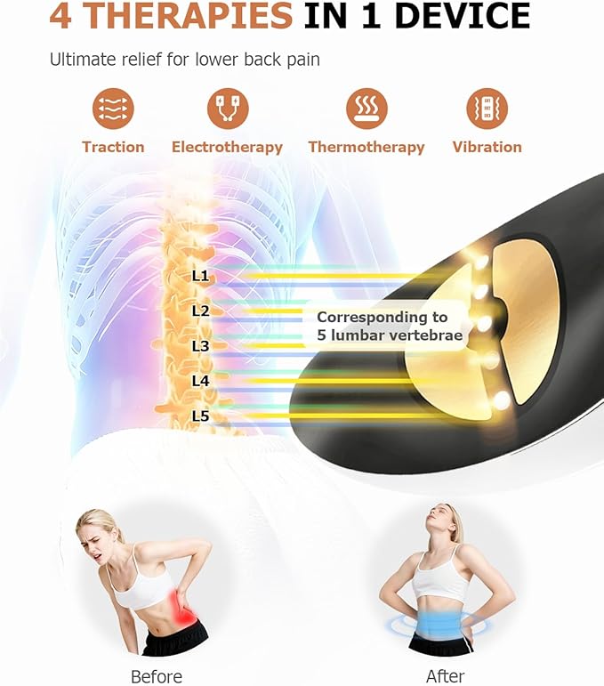 Lumbar Traction Device, Electric Lower Back Stretcher Device with Dynamic Airbag, 3 Level Vibration Massage, Adjustable Temperature from 113 to 131℉ (45 to 55℃), Easy to Use