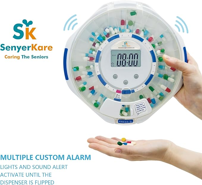 SenyerKare 28-Day Automatic Pill Dispenser with Alarm & Alzheimer’s Care, Medication Organizer w/Easy-Read LCD Display, Sound & Light & Key Alerts for Medication, Vitamins, Supplements, Clear Lid