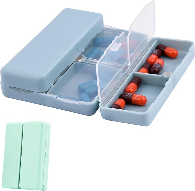 Xiaokeis 2 Pcs Pill Organizer, Travel Pill Organizer, Pocket Pharmacy with 7 Compartments Design, Magnetic Travel Pill Box Pill Dispenser, Portable Medicine Vitamin Holder Container(Blue+Green)
