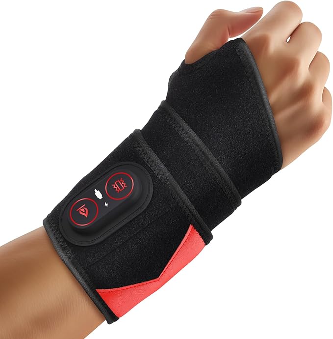 Cordless Wrist Massager for Carpal Tunnel Relief, Hand Massager with Heat, Heated Wrist Massager, Wrist Heating Pad for Pain Relief, Heated Wrist Wrap for Pain, With Red Light, 3 Heat & 3 Massage Modes, Black
