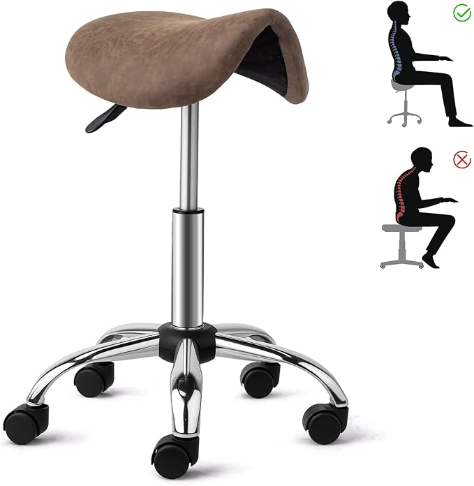 OmySalon Saddle Stool Rolling Chair, Ergonomic Saddle Chair with Swivel Wheels, Adjustable Hydraulic Stylist Cutting Stool for Salon Tattoo Massage Office Medical, Walnut