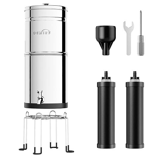 Gravity Water Filter System, 2.25G Stainless Steel Countertop System Water Purifier with Stand, Reduce 99% Chlorine for Home Camping Backpacking RVing, 2 Carbon Filters