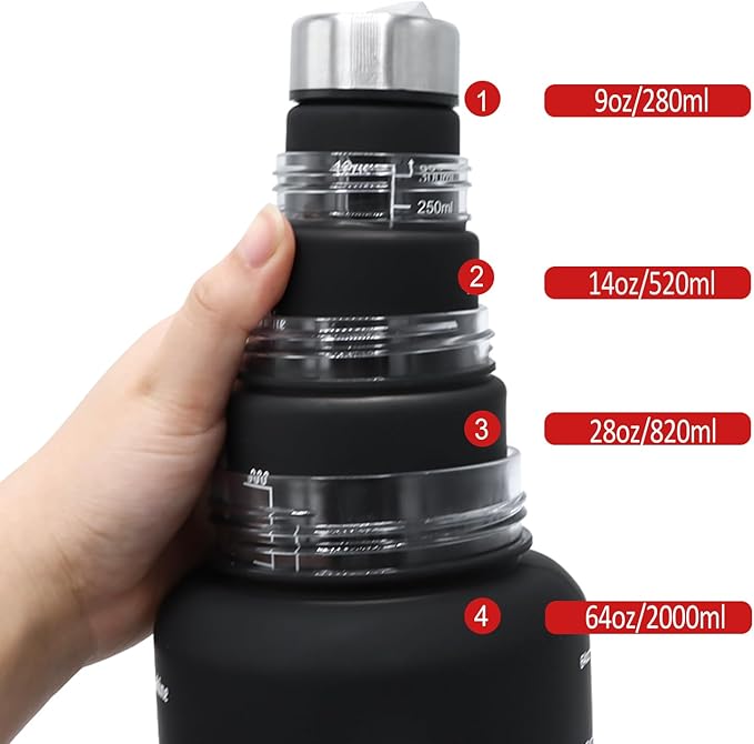 4pcs Water Bottle Set,64oz+28oz+14oz+9oz Large Capacity Sports Fitness Water Bottle,Leak Proof,Straw Inspirational Water Bottle,For Family Camping Outdoor(4pcs Black red)