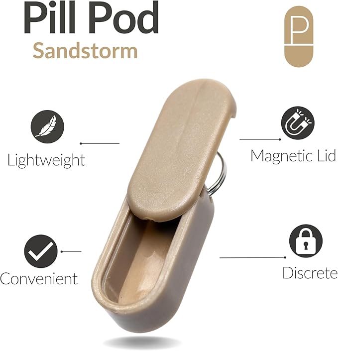 Micro Magnetic Keychain Pill Holder - Compact, Durable, Lightweight with Sleek Minimalist Design - Secure, Discrete, Portable Pill Holder Keychain for Everyday Use (Sandstorm)