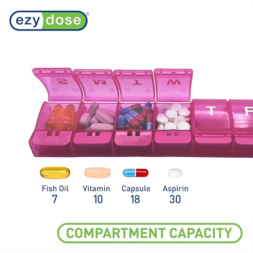 EZY DOSE Weekly (7-Day) Pill Case, Medicine Planner, Daily Vitamin Organizer Box, X-Large Push-Button Compartments, Convenient and Easy to Use, Arthritis Friendly, Transparent Lids, Pink, BPA Free