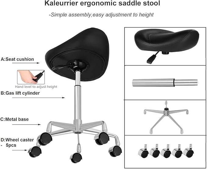 Kaleurrier Ergonomic Rolling Swivel Saddle Stool with Wheels,Hydraulic Pneumatic Lifting Height Adjustable Lightweight Chair for Clinic Hair Salon Massage Lab Kitchen Home Office (Black, Without Back)