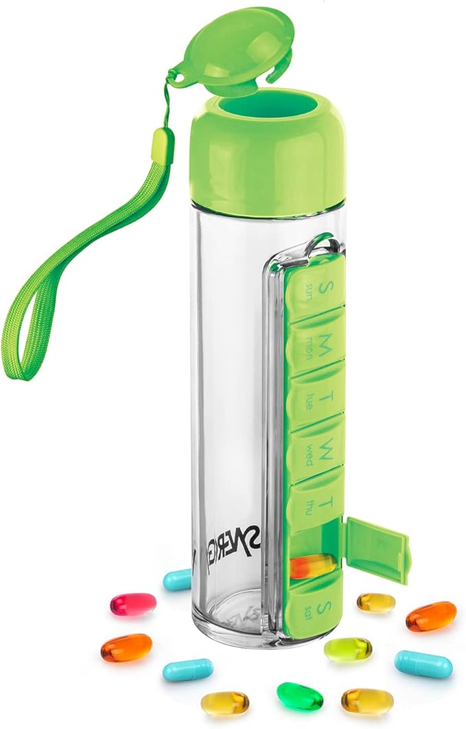 Synergy Water Bottle & Pill Organizer - Travel Storage Container for Water, Juice, Vitamins - Portable 7-Day Pillbox - for Outdoor, Gym, Travel - Easy Carry Strap - BPA Free Plastic - 400ml (Green)