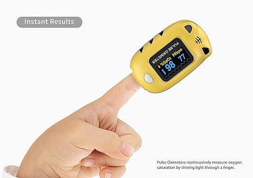 Child Pulse Oximeter Blood Oxygen Saturation Monitor, Neck/wrist Cord, Batteries included, Yellow