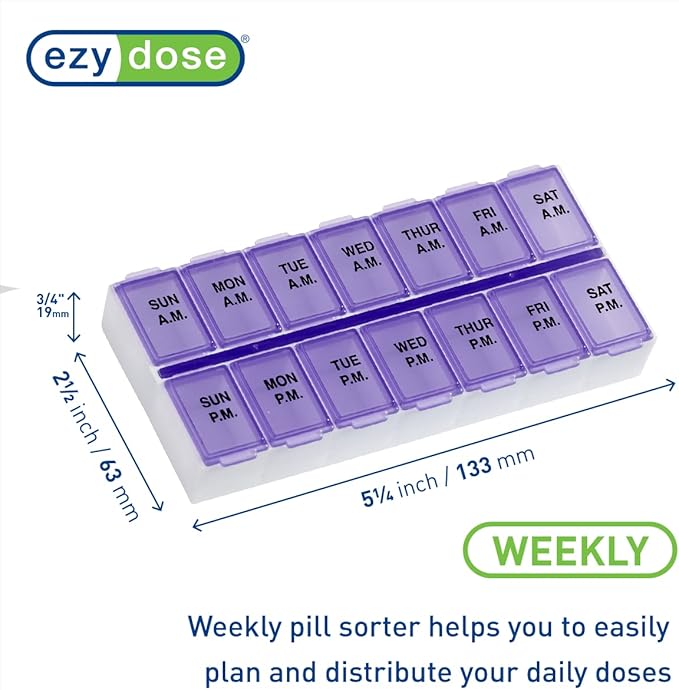 Ezy Dose Weekly (7-Day) Daily AM/PM Pill Organizer, Vitamin Planner, and Medicine Container, Case for Supplements and Fish Oils, Medium Compartments, 2 Times a Day, Purple, BPA Free
