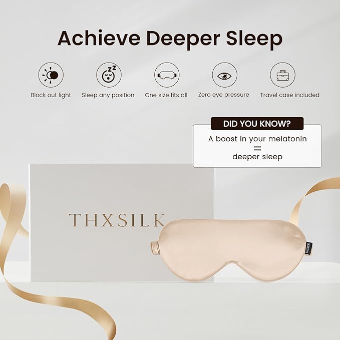 THXSILK Sleep Mask 100% 25 Momme Pure Mulberry Silk Super Smooth Cooling Sleep Eye Mask Blackout for Women/Man/Kids, Eye Cover with Wide Head Strap for Good Night Sleep, Champagne