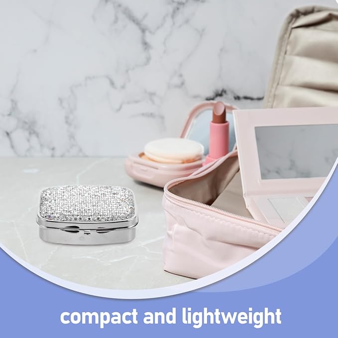 Portable Mini Pill Organizer Elegant Rhinestone 2 Compartment Crystal Small Pill Box Travel Medicine Case for Vitamins Liver Oil