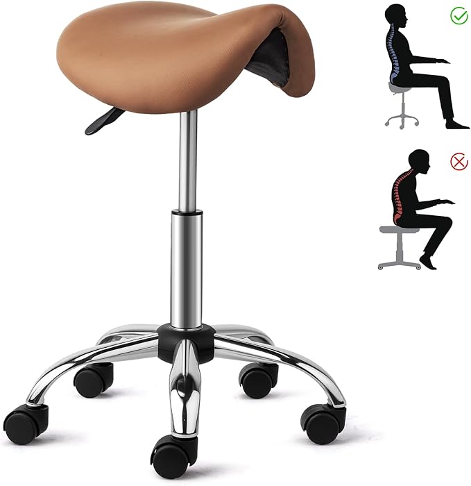 OmySalon Saddle Stool Rolling Chair, Ergonomic Saddle Chair with Swivel Wheels, Adjustable Hydraulic Stylist Cutting Stool for Salon Tattoo Massage Office Medical, Brown