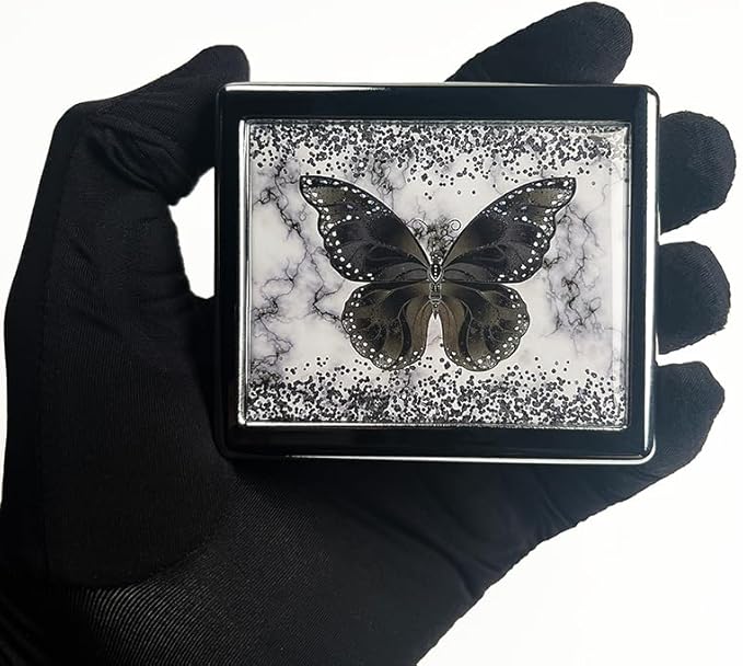 Black Butterfly 7 Days Chromed Shiny Silver Pill Organizer with Mirror Inside Has 8 Separate Compartments Rectangle 7 Days Pill Box Pill Case