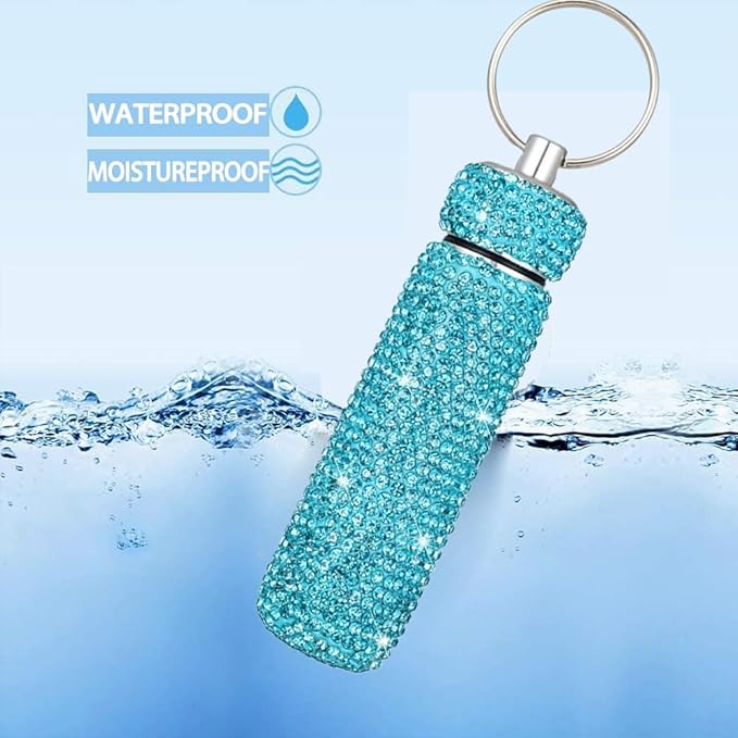 Bling Rhinestone Pill Case Portable Waterproof Pocket Pill Holder Bottle Storage with Keychain for Travel, Outdoor, Camping (lake blue)
