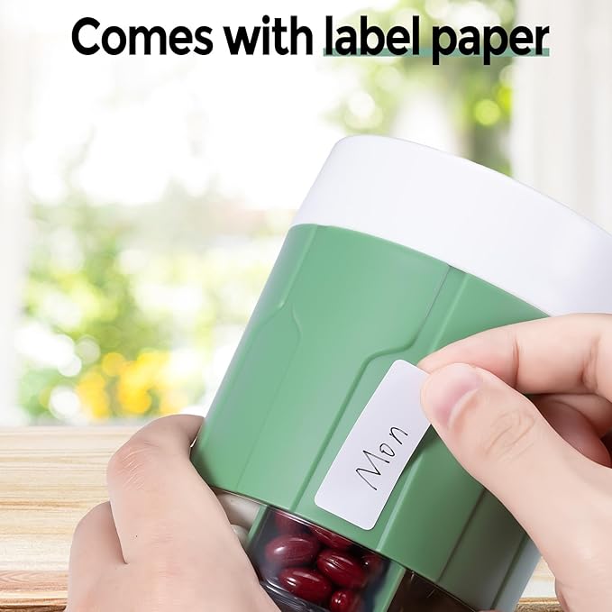 Betife Extra Large Supplement Organizer,Weekly Pill Organizer Bottle, Daily Pill Dispenser with 7 Large Compartments, Organizer to Hold 7 Day Vitamin Medication,21 Labels and a Cleaning Brush（Green）