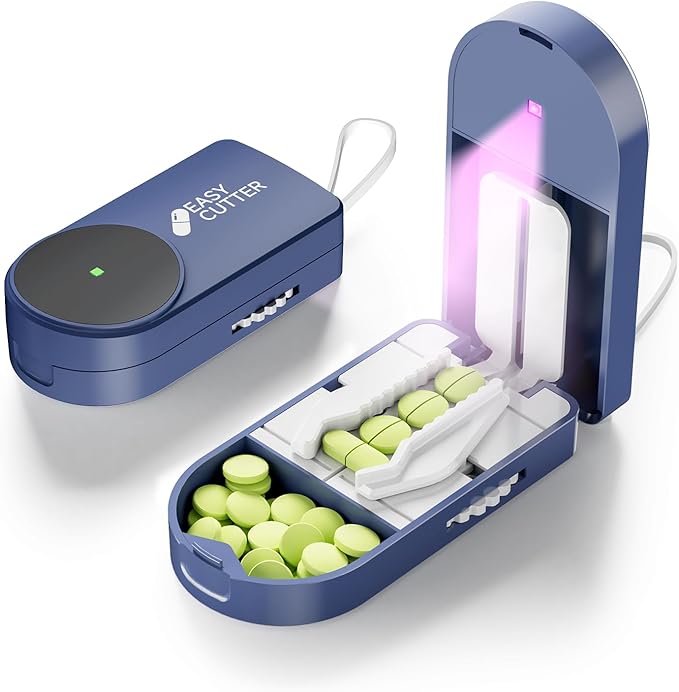 Pro U | V C-Pill Cutter & Organizer - Luminescent LED Status Light | 3-25mm Adjustable Blades | Splinter-Free Cutting | Detachable Washable Compartment for Elderly-Mom (Blue)