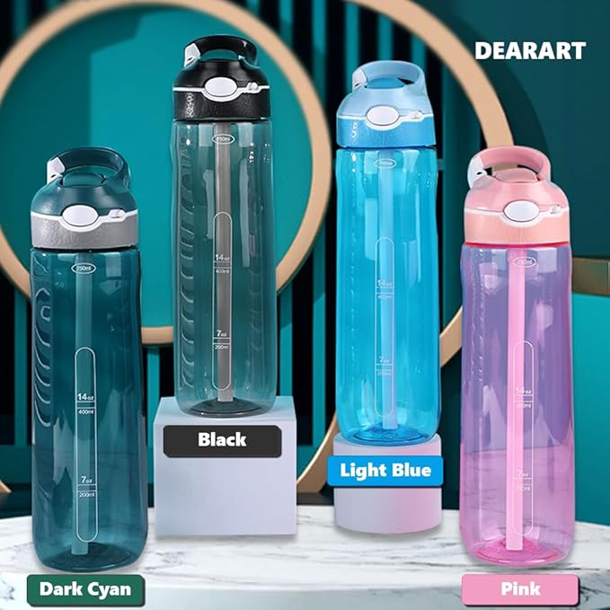 DEARART 2-Pack 24oz Light Blue & Black Water Bottles With Straw, Leakproof BPA FREE Hidden Nozzle, Flip Up Lid Has Handle Wide Bottle Easy Clear, Suit Office Outdoor Sports Travel Gym.