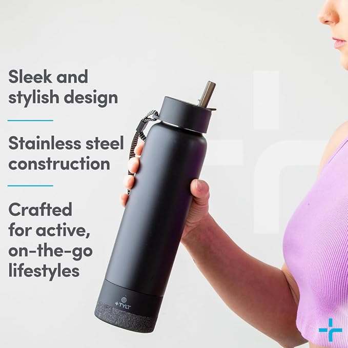 TYLT Smart Water Bottle with Bluetooth Speaker, Wireless Stainless Steel Insulated Travel Tumbler with Flip Straw, Rechargeable, Portable, Double Layered, 24oz (Black)
