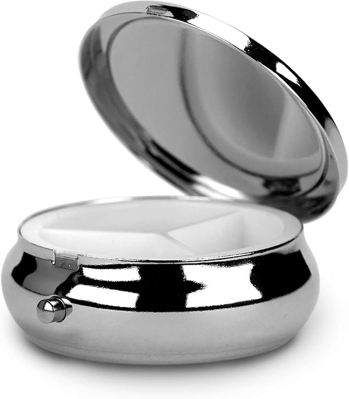 Transparent 3-Compartment Medicine Pill Case, Portable Round Pill Box for Pocket or Purse, Decorative Metal Medicine Vitamin Organizer. (It's Pretty Deadly)