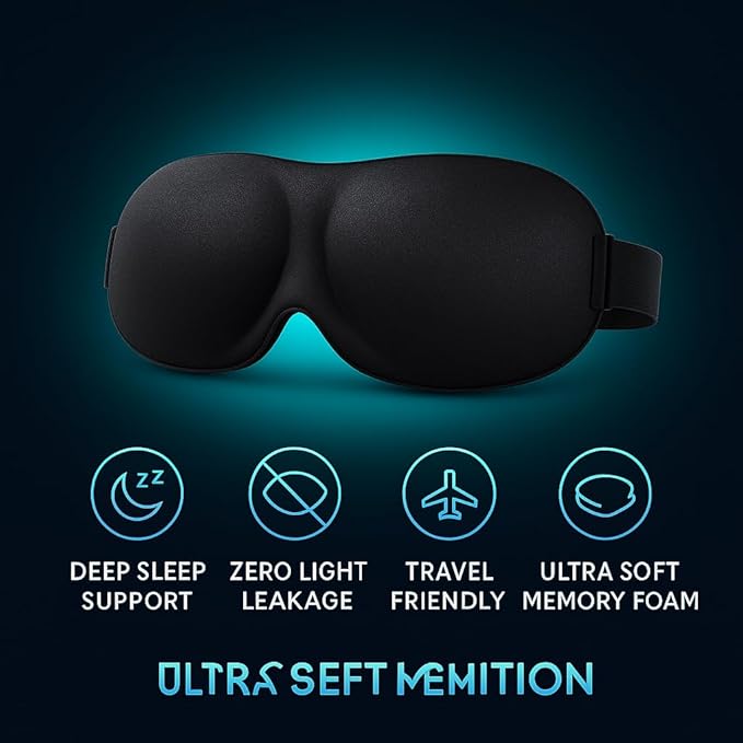 3D Contoured Sleep Mask for Side Sleepers, Light-Blocking Memory Foam Eye Mask with Adjustable Strap, Zero Eye Pressure, Soft Breathable Comfort for Deep Sleep, Travel & Naps