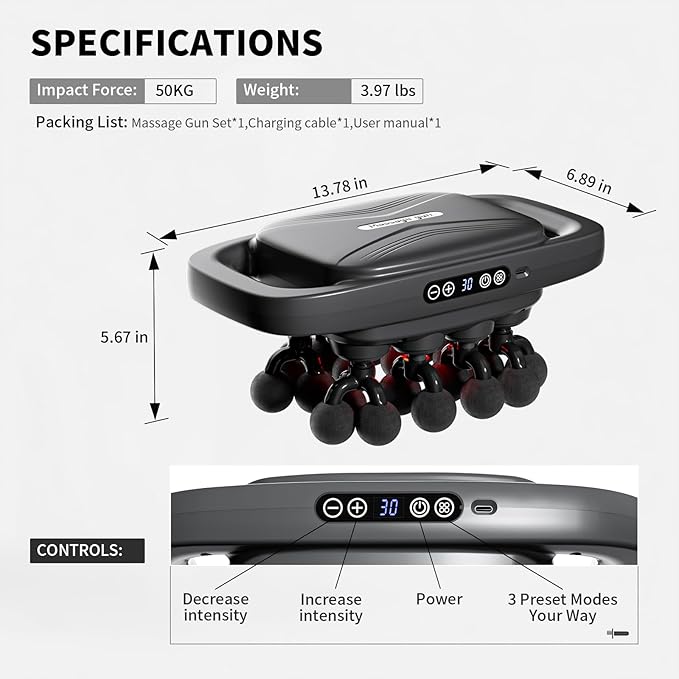 20-Head Massage Gun, 30 Intensity Levels 3 Modes, Deep Tissue Massager with 50KG Force & Noise-Free Motor for Neck Back Legs Shoulders, Portable for Full Body Muscle Recovery
