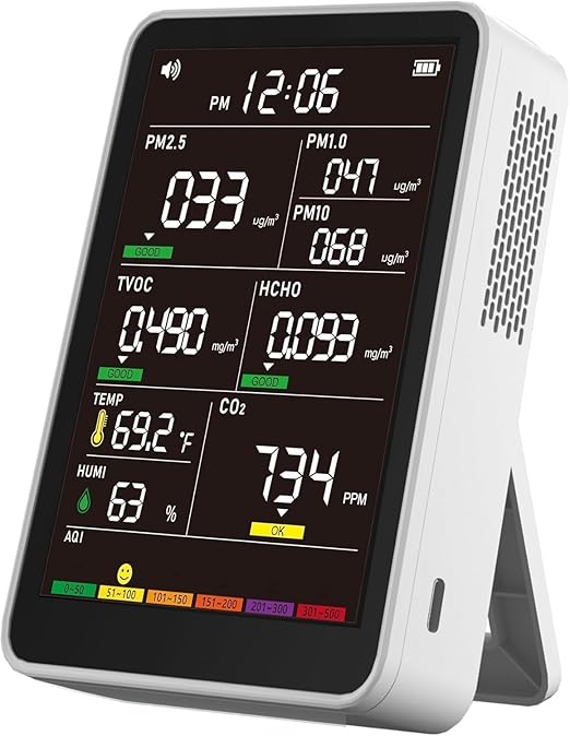 Professional Indoor Air Quality Monitor with AQI Alerts, Portable Real-Time Detector for Home, Car, Plants & Pet