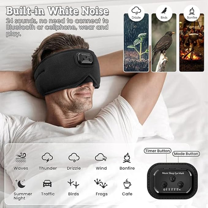 Sleepals Sleep Headphone Eye Mask with White Noise, 35H Battery Life, Built-in Speakers for Side Sleepers, 100% Light Blocking, Wireless Music Streaming (Black 3D)