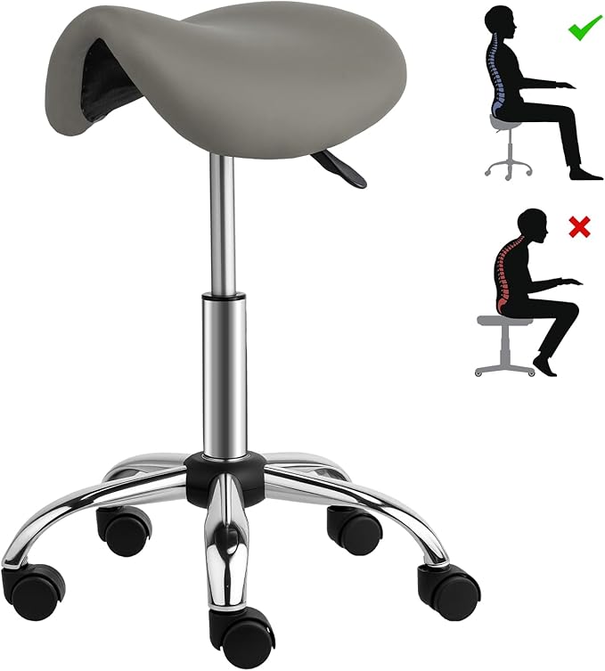 OmySalon Adjustable Saddle Stool with Footrest, Hydraulic Rolling Salon Chair, 360° Swivel Wheels Ergonomic Stool for Hair Stylists, Tattoo Artists, Office, Spa, Massage, Dental (Grey)
