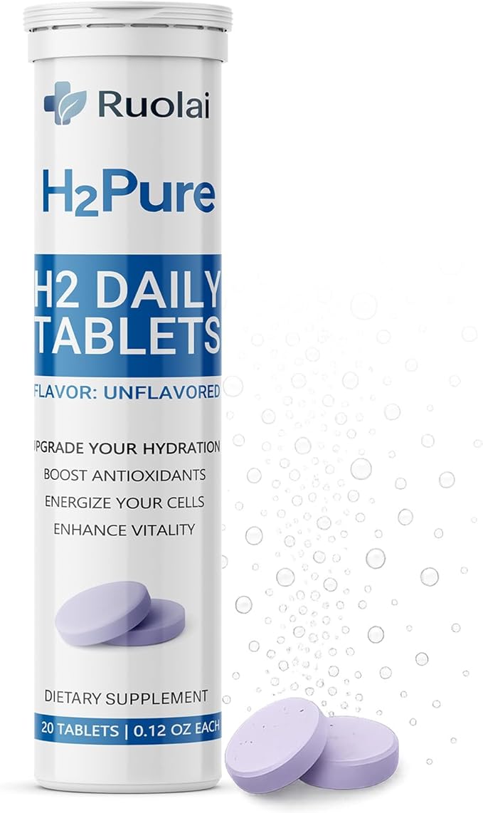 Ruolai H2pure Hydrogen Tablets – H2 Tabs – Fast-Dissolving Hydrogen Supplement for Cellular Hydration, Detox, Liver & Mental Clarity – Caffeine-Free, Vegan (Unflavored)