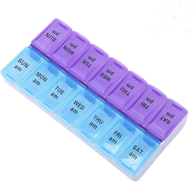 Weekly Pill Organizer 2 Times A Day 7 Day Pill Box Holder Large Daily Medicine Organizer Travel Pill Case Pill Container (2 Times Blue+Purple)