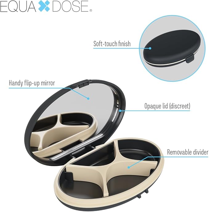 EQUADOSE Oval Compact Pill Case, Portable Organizer with Mirror, Travel Medication Holder with Removable Divider, Small Storage Case for Pills, Vitamins, Earbuds, Jewelry & Daily Essentials, Black